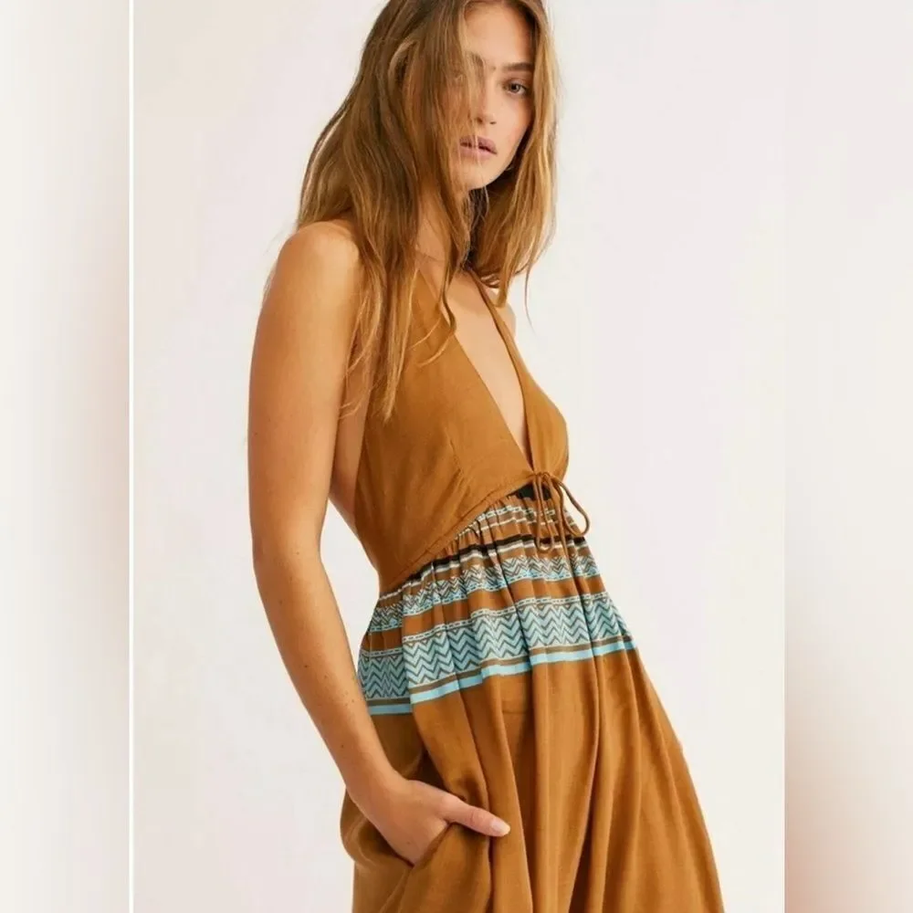 Free People Women's Palm Beach Printed Wide leg Halter Jumpsuit Size Medium